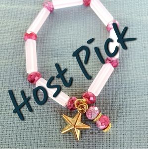 New Pink Jade Oblong & Faceted Red Fire Crystal Rondelle Stretchy Bracelet.